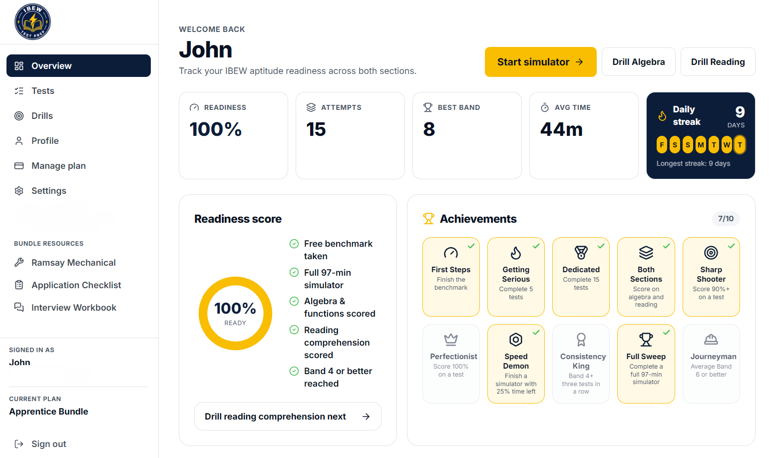 IBEW Test Prep dashboard showing readiness score, attempts, best band, daily streak and achievements